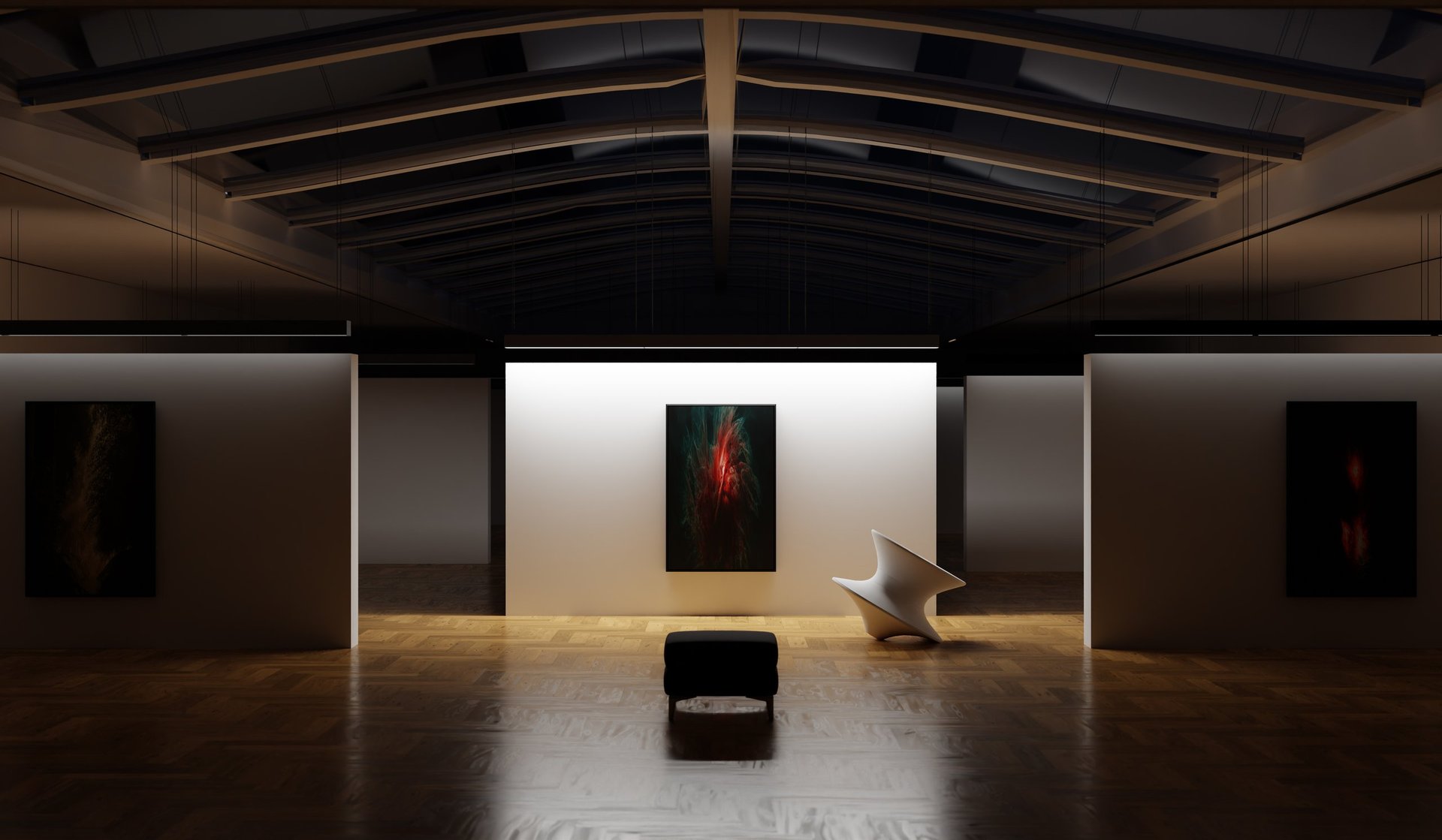 Futuristic Art Gallery Interior with Modern Sculptures