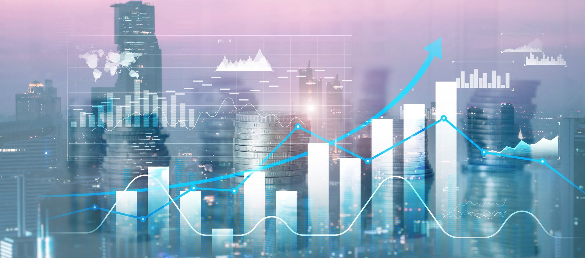 Graph showing financial growth, against a blurred city skyline background