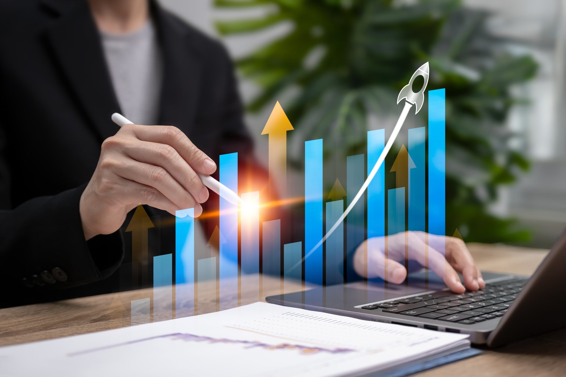 Businesswoman shows graph analyzing financial performance