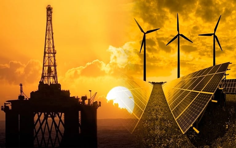Silhouetted oil rig, wind turbines, and solar panels against a golden sunset sky