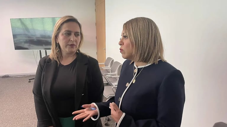 Two women in professional business attire having a conversation in an office setting with a landscape artwork on the wall