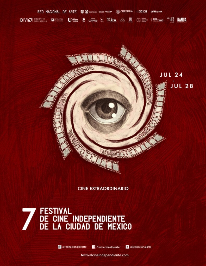 Poster for 7th Independent Film Festival of Mexico City, July 24-28, featuring a spiraling eye illustration on deep red background